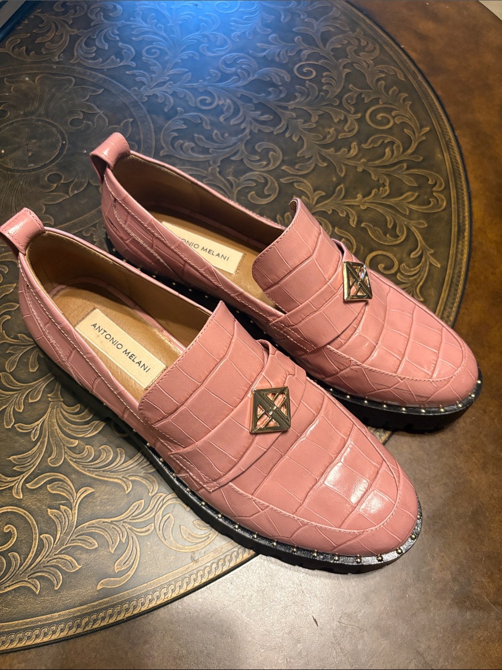 ANTONIO MELANI Blush Pink Croc-Embossed Loafers with Gold Emblem